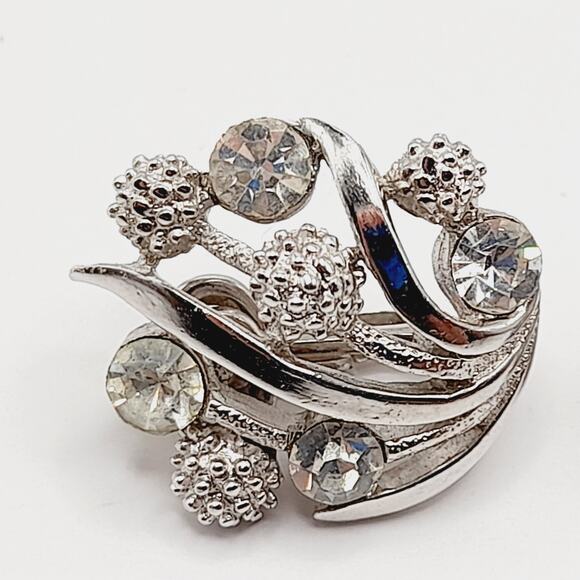 Vintage Crown Trifari Rhinestone Clip Earrings,Rhodium Plate Mid Century Jewelry - Picture 3 of 14